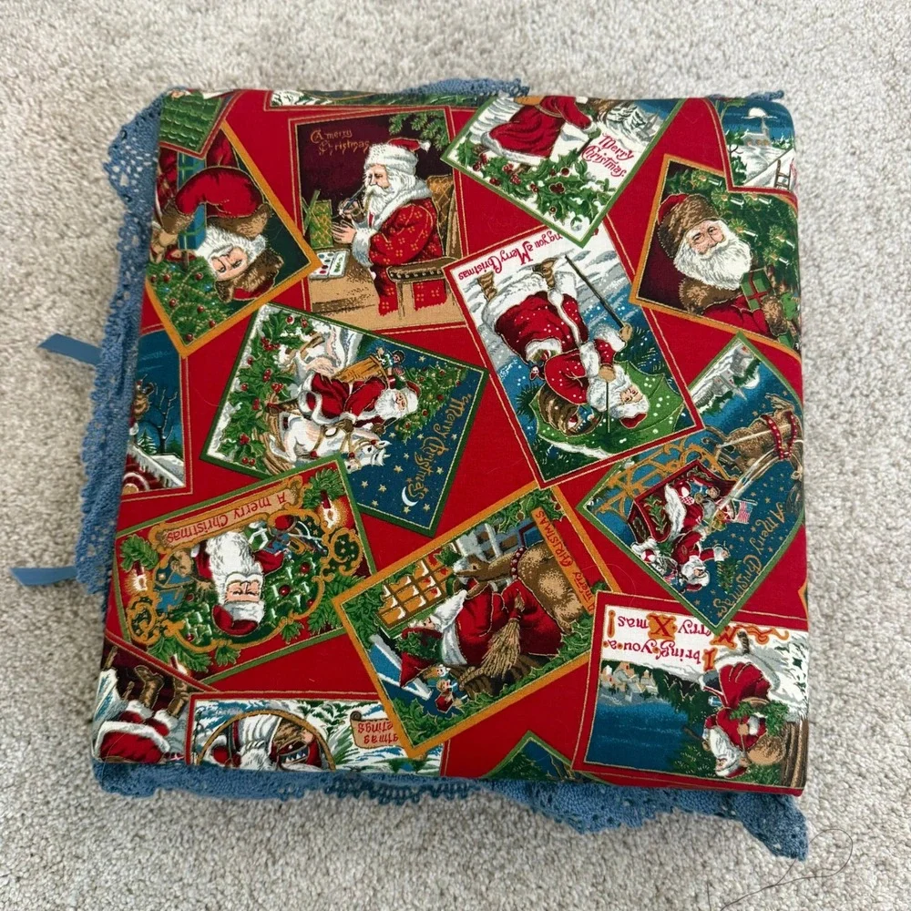 Vintage Christmas Santa Postcard Fabric Photo Album Scrapbook‎ Blue Lace Trim